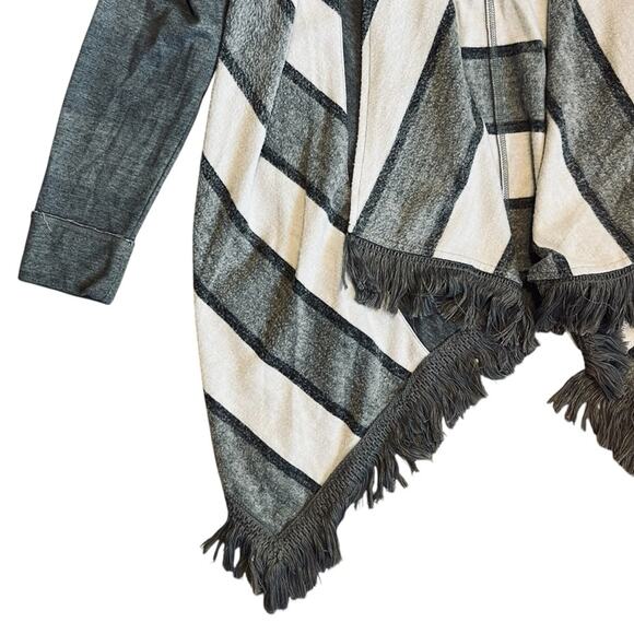 Anthropologie Saturday Sunday Sz L Gray White Stripe Fringe Cardigan Elsie Boho - Picture 5 of 12